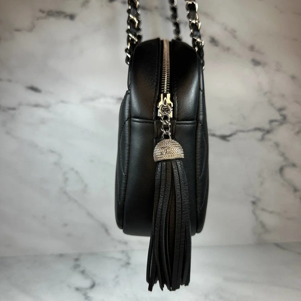 Chanel Chevron Camera Case Bag CC Black Diagonal Shoulder Purse Handbag Silver - Picture 4 of 16